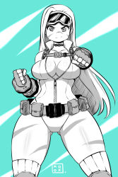 Rule 34 | &gt;:), 1girl, alternate costume, alternate hairstyle, aqua background, belt, belt pouch, body blush, bodypaint, breasts, cammy white, capcom, center opening, choker, cleavage, clenched hands, cowboy shot, facial mark, fighting stance, fingerless gloves, gloves, goggles, goggles on head, hair down, harness, high collar, highres, hip focus, kenron toqueen, knee pads, large breasts, legs apart, leotard, long hair, looking at viewer, monochrome, outstretched arm, pouch, ribbed legwear, serious, smile, smirk, solo, standing, street fighter, street fighter v, thick thighs, thighhighs, thighs, unzipped, utility belt, vambraces, very long hair, wide hips, zipper