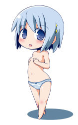 Rule 34 | 10s, 1girl, blue eyes, blue hair, blush, chibi, covering breasts, covering privates, gerotan, hair ornament, hairclip, looking at viewer, mahou shoujo madoka magica, mahou shoujo madoka magica (anime), matching hair/eyes, miki sayaka, panties, short hair, simple background, solo, striped clothes, striped panties, topless, underwear, white background