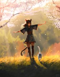 Rule 34 | 1girl, absurdres, animal, animal ears, backlighting, black thighhighs, cat, cat ears, cat tail, cherry blossoms, facial mark, falling petals, final fantasy, final fantasy xiv, full body, grass, highres, long hair, miqo&#039;te, outdoors, outstretched arms, petals, safaia, smile, spread arms, sunlight, tail, thighhighs, tree, walking, warrior of light (ff14)