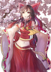 Rule 34 | 1girl, adapted costume, ascot, bow, breasts, brown hair, cherry blossoms, choker, detached sleeves, eyelashes, floral print, hair bow, hair tubes, hakurei reimu, highres, hip focus, long hair, long skirt, midriff, navel, outline, outstretched arm, parted lips, red eyes, ribbon-trimmed sleeves, ribbon choker, ribbon trim, skirt, sleeveless, solo, thighs, third-party edit, touhou, white background, wide sleeves, yue ling yu