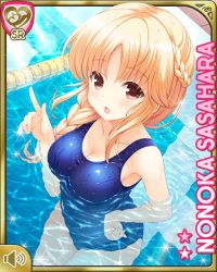 Rule 34 | 1girl, :o, blonde hair, blue one-piece swimsuit, blush, breasts, character name, competition swimsuit, day, floating, girlfriend (kari), legs, long hair, one-piece swimsuit, open mouth, pool, poolside, qp:flapper, red eyes, sasahara nonoka, swimsuit, tagme