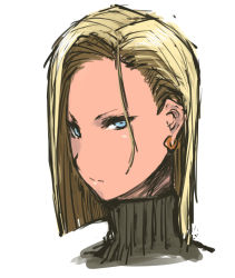 Rule 34 | 1girl, android 18, blonde hair, blue eyes, dragon ball, dragonball z, earrings, forehead, highres, jewelry, nameo (judgemasterkou), portrait, short hair, side part, solo, turtleneck