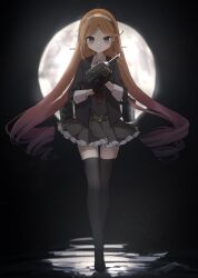 Rule 34 | 1girl, adapted turret, black gloves, black jacket, cannon, drill hair, full body, full moon, gloves, gradient hair, grey skirt, hairband, jacket, kantai collection, long hair, long sleeves, looking at viewer, moon, multicolored hair, necktie, orange hair, pleated skirt, purple eyes, purple hair, red necktie, skirt, solo, turret, white hairband, yamashichi (mtseven), yuugure (kancolle)