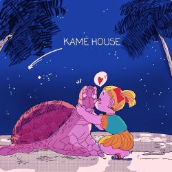 Rule 34 | 1girl, animal, blonde hair, bow, child, closed eyes, coconut tree, dragon ball, dragonball z, dress, hair bow, heart, kame house, kiss, kissing animal, kissing cheek, kneeling, looking away, marron (dragon ball), night, night sky, palm tree, red bow, sandals, shooting star, sky, speech bubble, squatting, star (sky), tree, turtle, twintails, umigame (dragon ball)