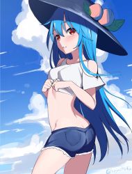 Rule 34 | 1girl, artist name, ass, black hat, blue hair, blue shorts, blush, breasts, butt crack, clothing cutout, cloud, cloudy sky, commentary request, contrapposto, cowboy shot, crop top, day, denim, denim shorts, expressionless, food, fruit, groin, hair between eyes, hat, highres, hinanawi tenshi, long hair, looking at viewer, midriff, outdoors, parted lips, peach, pocket, red eyes, shirt, short sleeves, shorts, shoulder cutout, sky, small breasts, solo, torn clothes, touhou, twisted torso, very long hair, white shirt, yoshinatsu