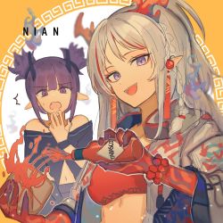 Rule 34 | 2girls, arknights, bandeau, bare shoulders, bead bracelet, beads, black shirt, bottle, bracelet, braid, breasts, character name, colored skin, commentary, demon horns, dragon horns, earrings, hand to own mouth, holding, holding bottle, horns, jacket, jewelry, lava (arknights), long hair, looking at viewer, medium breasts, medium hair, multicolored hair, multiple girls, nian (arknights), off-shoulder shirt, off shoulder, one-hour drawing challenge, open clothes, open jacket, open mouth, orange background, pointy ears, ponytail, purple eyes, purple hair, red hair, red skin, shirt, short twintails, side braid, sigma eeco, silver hair, simple background, smile, strapless, streaked hair, tabasco, tassel, tassel earrings, tube top, twintails, two-tone background, two-tone hair, upper body, white background, white jacket