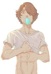 Rule 34 | 1boy, abs, absurdres, brown eyes, brown hair, carole &amp; tuesday, eating, food, hair over one eye, highres, male focus, midriff, mouth hold, nue0210, popsicle, roddy (carole &amp; tuesday), shirt, simple background, undressing, white background, white shirt