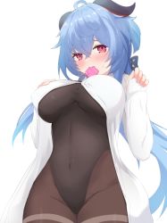 Rule 34 | 1girl, ahoge, black leotard, black pantyhose, blue hair, blush, bodystocking, bodysuit, breasts, breasts apart, cameltoe, condom, condom in mouth, covered navel, crotch, dress shirt, ganyu (genshin impact), genshin impact, groin, hand on own chest, horns, kurobe 18, large breasts, leotard, leotard under clothes, long hair, looking at viewer, mouth hold, naked shirt, nose blush, paid reward available, pantyhose, purple eyes, shirt, solo, standing, sweat, thighlet, thighs, underboob, white background