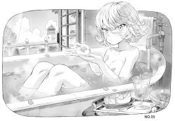 Rule 34 | 1girl, banana, bathroom, bathtub, blush, breasts, completely nude, cup, curly hair, drinking glass, drinking straw, food, fork, fruit, greyscale, hair between eyes, looking at viewer, mogudan, monochrome, nude, one-punch man, petals, short hair, small breasts, tatsumaki, water