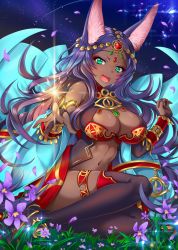 Rule 34 | 1girl, animal ears, aqua eyes, bad id, bad pixiv id, breasts, cleavage, dark-skinned female, dark skin, fate/grand order, fate (series), gem, head chain, jewelry, large breasts, long hair, looking at viewer, navel, open mouth, purple hair, queen of sheba (fate), revealing clothes, smile, solo, tan, uchuu gorira