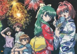 Rule 34 | 00s, 5girls, absurdres, blue eyes, fireworks, green hair, hand fan, highres, japanese clothes, kimono, miyafuji miina, multiple girls, official art, onegai twins, onodera karen, red hair, traditional clothes