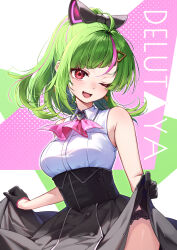 Rule 34 | 1girl, ahoge, alternate hairstyle, armpit crease, ascot, bare shoulders, black gloves, black panties, black skirt, blush, breasts, character name, commentary request, curry bowl, delutaya, diagonal bangs, fang, gloves, green background, green hair, hair ornament, high-waist skirt, highres, indie virtual youtuber, medium breasts, multicolored background, multicolored hair, open mouth, panties, panty peek, pink ascot, pink background, pink hair, ponytail, shirt, skin fang, skirt, skirt hold, sleeveless, sleeveless shirt, smile, solo, streaked hair, triangle hair ornament, underwear, virtual youtuber, white background, white shirt