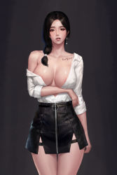 Rule 34 | 1girl, absurdres, areola slip, arm at side, arm under breasts, bad id, bad pixiv id, black background, black hair, black skirt, body writing, breast hold, breasts, brown eyes, collared shirt, commentary request, commission, earrings, hair over shoulder, hair tie, high-waist skirt, highres, jewelry, kidmo, korean commentary, large breasts, long hair, looking at viewer, mabinogi, mabinogi heroes, no bra, off shoulder, open clothes, open shirt, shiny skin, shirt, shirt tucked in, simple background, skirt, sleeves rolled up, solo, standing, thigh strap, translation request, white shirt, zipper
