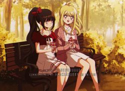 Rule 34 | 1990s (style), 2girls, ahoge, akamatsu kaede, alternate costume, alternate hairstyle, autumn, bench, black hair, blonde hair, blue eyes, blush, bow, brown hair, collared shirt, commentary, commission, criis-chan, danganronpa (series), danganronpa v3: killing harmony, dress, earrings, feet out of frame, food, fruit, hair bow, harukawa maki, heart, heart earrings, holding, holding hands, jewelry, long hair, multiple girls, nature, open mouth, outdoors, ponytail, pout, puffy short sleeves, puffy sleeves, retro artstyle, shirt, short dress, short sleeves, sitting, smile, strawberry, tree, twitter username, white dress