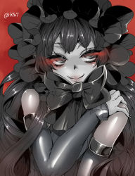 Rule 34 | 10s, 1girl, abyssal ship, bare shoulders, black bow, black eyes, black hair, bonnet, bow, corset, detached sleeves, gothic lolita, hanauna, highres, isolated island oni, kantai collection, lolita fashion, long hair, red background, smile, solo