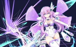 Rule 34 | 1girl, bare shoulders, blue eyes, blush, breasts, cleavage, closed mouth, commentary request, cowboy shot, elbow gloves, gloves, hair between eyes, hair ornament, highres, leotard, long hair, looking at viewer, marutae, medium breasts, neptune (series), power symbol, power symbol-shaped pupils, purple hair, purple sister, serious, solo, symbol-shaped pupils, thighhighs