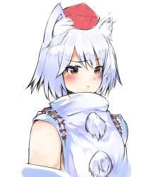 Rule 34 | 1girl, animal ear fluff, animal ears, blush, breasts, closed mouth, detached sleeves, ginnkei, hat, highres, inubashiri momiji, looking at viewer, one-hour drawing challenge, pom pom (clothes), raised eyebrow, red eyes, shirt, short hair, simple background, solo, tokin hat, touhou, turtleneck, upper body, white background, white shirt, wolf ears