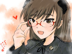 Rule 34 | 1girl, :d, adjusting eyewear, animal ears, bespectacled, black ribbon, blush, brown eyes, brown hair, dog ears, glasses, hand on eyewear, heart, jacket, johanna wiese, long hair, long sleeves, military, military uniform, mishiro shinza, open mouth, red-framed eyewear, ribbon, smile, solo, strike witches, translation request, uniform, world witches series