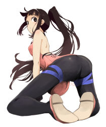 Rule 34 | 1girl, arched back, ass, back, black legwear, blouse, bright pupils, cameltoe, character request, copyright request, female focus, from behind, full body, io naomichi, kneeling, leaning forward, long hair, looking back, pink shirt, ponytail, shirt, simple background, skin tight, solo, thigh strap, very long hair, white background