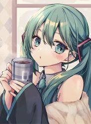 Rule 34 | 1girl, blue eyes, blue hair, blush, collared shirt, cup, detached sleeves, drink, hair ornament, hatsune miku, highres, holding, holding cup, long hair, long sleeves, looking to the side, mug, nagitofuu, nail polish, necktie, off shoulder, parted lips, shirt, sleeveless, sleeveless shirt, solo, steam, sweater, twintails, upper body, vocaloid
