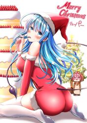 Rule 34 | 2girls, animal costume, ass, bare shoulders, bell, blue eyes, blue hair, blush, breasts, cake, christmas tree, demon tail, dress, food, fork, fur-trimmed dress, fur-trimmed headwear, fur-trimmed sleeves, fur trim, hat, holding, holding fork, large breasts, long hair, merry christmas, multiple girls, neck bell, original, pom pom (clothes), red dress, red headwear, reindeer costume, ryopa, santa dress, santa hat, shadow, sleeveless, sleeveless dress, strapless, strapless dress, strawberry cake, tail, thighhighs, utensil in mouth, white thighhighs