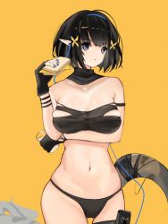 Rule 34 | 1girl, absurdres, arknights, bad id, bad pixiv id, bandeau, black bandeau, black eyes, black gloves, black hair, black panties, blue nails, breasts, cowboy shot, cup, earbuds, earphones, eunectes (arknights), female focus, fingerless gloves, food, gloves, hair ornament, hairband, highres, holding, holding cup, holding food, l.v.c., large breasts, looking at viewer, midriff, nail polish, navel, panties, pointy ears, sandwich, short hair, simple background, skindentation, snake tail, solo, strapless, tail, tube top, underwear, yellow background