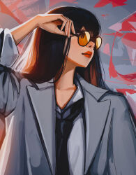 Rule 34 | 1girl, absurdres, adjusting eyewear, black necktie, brown eyes, brown hair, closed mouth, d.va (overwatch), dress shirt, facial mark, glasses, grey jacket, highres, jacket, long hair, looking to the side, necktie, overwatch, red lips, round eyewear, shirt, simple background, solo, straight hair, suit jacket, sunlight, titanartx, upper body, whisker markings, white shirt