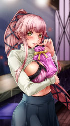 Rule 34 | 1girl, between breasts, blush stickers, bra, breasts, clothes lift, commentary request, gift, grey skirt, hair flaps, highres, kantai collection, lace, lace bra, large breasts, long hair, looking at viewer, pink bra, pink hair, pleated skirt, ponytail, skirt, solo, sweater, sweater lift, tongue, tongue out, translation request, tsukineko, underwear, very long hair, yellow eyes, yura (kancolle)