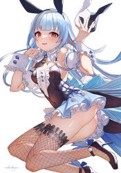 Rule 34 | absurdres, animal ears, arpeggio kaga, ass, back bow, black footwear, black necktie, black shirt, blue bow, blue hair, blue skirt, blush, bow, breasts, commentary request, cross-laced clothes, detached collar, detached sleeves, don-chan (usada pekora), fake animal ears, fishnet thighhighs, fishnets, frilled shirt, frilled wrist cuffs, frills, hands up, high heels, highres, holding, holding mask, hololive, legs, long hair, looking at viewer, mask, medium breasts, midair, miniskirt, necktie, parted lips, pom pom (clothes), rabbit ears, red eyes, shirt, sidelocks, skirt, smile, thighhighs, thighs, usada pekora, usada pekora (furi furi bunny dress), virtual youtuber, white background, wrist cuffs