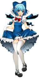 Rule 34 | 1girl, adapted costume, bad id, bad pixiv id, blue eyes, blue hair, bow, cirno, clothes lift, collarbone, dress, dress lift, embellished costume, frills, full body, gloves, hair bow, ice, kinakomoti, looking at viewer, matching hair/eyes, open mouth, puffy short sleeves, puffy sleeves, shoes, short hair, short sleeves, simple background, smile, solo, thighhighs, touhou, white background, white gloves, white thighhighs, wings
