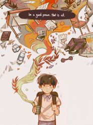 Rule 34 | 1boy, backpack, bag, black hair, blunt bangs, bottle, closed mouth, commentary, cup, desk, dumbbell, english commentary, english text, floating, floating object, food, grey background, highres, holding, holding cup, holding strap, kageyama shigeo, looking at viewer, male focus, milk bottle, milk carton, mob psycho 100, mp100days, reigen arataka, school desk, shirt, short hair, short sleeves, simple background, solo, steam, takoyaki