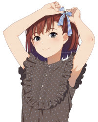 Rule 34 | 1girl, armpits, arms up, bare arms, black shirt, blue bow, blush, bow, brown eyes, brown hair, closed mouth, eyebrows hidden by hair, frilled shirt, frills, hair bow, mattaku mousuke, original, polka dot, polka dot shirt, shirt, simple background, sleeveless, sleeveless shirt, smile, solo, striped, striped bow, thick eyebrows, twitter username, upper body, white background
