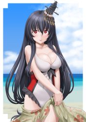 Rule 34 | 1girl, alternate costume, black hair, breasts, casual one-piece swimsuit, commission, covered navel, cowboy shot, frilled swimsuit, frills, fusou (kancolle), hair ornament, highres, kantai collection, large breasts, long hair, multicolored clothes, multicolored swimsuit, one-piece swimsuit, pixiv commission, red eyes, red one-piece swimsuit, solo, standing, swimsuit, t2r, white one-piece swimsuit