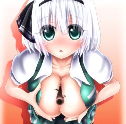 Rule 34 | 1girl, between breasts, blush, breasts squeezed together, breasts, cleaver, collarbone, evandragon, female focus, food, foreshortening, green eyes, hair ribbon, konpaku youmu, large breasts, looking at viewer, melting, no bra, open clothes, open mouth, open shirt, open vest, perspective, pocky, pocky day, ribbon, shirt, short hair, short sleeves, silver hair, skirt, solo, touhou, vest