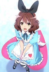 Rule 34 | 1girl, alice (alice in wonderland), alice (alice in wonderland) (cosplay), alice in wonderland, apron, blue background, blue dress, brown eyes, brown hair, cosplay, dress, gradient background, heart, hibike! euphonium, highres, looking at viewer, looking up, nii manabu, oumae kumiko, pantyhose, short hair, smile, solo, striped clothes, striped pantyhose, white apron