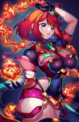 Rule 34 | 1girl, bad id, bad pixiv id, breasts, chest jewel, fingerless gloves, fire, gloves, highres, large breasts, pyra (xenoblade), red eyes, red hair, short hair, shorts, skindentation, thighhighs, thighs, watermark, xenoblade chronicles (series), xenoblade chronicles 2, yagi (kyuhyun)