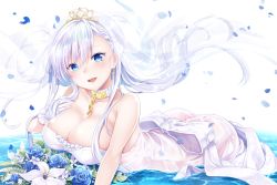 Rule 34 | 1girl, alternate costume, ass, azur lane, bare shoulders, belfast (azur lane), belfast (the pledge of claddagh) (azur lane), belfast (the pledge of claddagh) (azur lane), blue eyes, blue flower, blue rose, blush, bouquet, braid, breasts, bridal veil, chain, cleavage, collar, collarbone, day, dress, earrings, female focus, floating hair, flower, french braid, frilled gloves, frills, gloves, gold, gold chain, gold earrings, hand on own chest, head tilt, highres, jewelry, large breasts, long hair, looking at viewer, maid headdress, open mouth, outdoors, oz snowrose, partially submerged, petals, rose, sidelocks, silver collar, silver hair, smile, solo, strapless, strapless dress, teeth, tiara, tsurime, upper teeth only, veil, water, wedding dress, wet, wet clothes, white dress, white gloves, wind, wind lift