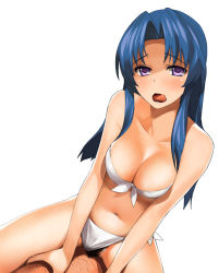 Rule 34 | 00s, 1girl, a1 (initial-g), bikini, bikini bottom aside, blue hair, blush, breasts, cleavage, clothed sex, clothing aside, cowgirl position, female pubic hair, front-tie top, girl on top, kawashima ami, large breasts, licking lips, long hair, pov, pubic hair, purple eyes, sex, side-tie bikini bottom, simple background, solo focus, straddling, swimsuit, swimsuit aside, tongue, tongue out, toradora!, uncensored, vaginal