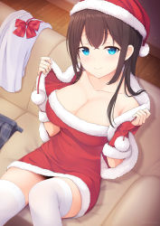 Rule 34 | 1girl, blue eyes, bow, bowtie, breasts, brown hair, capelet, christmas, cleavage, closed mouth, collarbone, couch, dress, from above, fur trim, hat, hicha nomu, highres, large breasts, long hair, looking at viewer, on couch, original, red dress, red hat, santa costume, santa dress, santa hat, shirt, sidelocks, sitting, skirt, solo, strapless, strapless dress, thighhighs, unworn shirt, unworn skirt, white shirt, white thighhighs