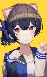 Rule 34 | 1girl, animal ears, asymmetrical sleeves, blue bow, blue hair, blue jacket, blue nails, blue scrunchie, blush, bow, brown eyes, cat ears, commentary, emblem, female focus, fingernails, hair ornament, hair scrunchie, hands up, highres, idolmaster, idolmaster shiny colors, jacket, karisuwaya, kemonomimi mode, long sleeves, looking at viewer, mismatched sleeves, morino rinze, nail polish, open mouth, paw pose, scrunchie, shirt, short hair, simple background, solo, upper body, white shirt, yellow background