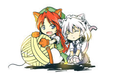 Rule 34 | 2girls, animal ears, animal hands, apron, blue eyes, cat day, cat ears, chibi, gloves, hong meiling, izayoi sakuya, kemonomimi mode, lastfin, long hair, looking at another, maid apron, maid headdress, multiple girls, oversized object, parted bangs, paw gloves, red hair, short hair, silver hair, touhou, waist apron