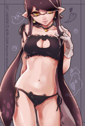 Rule 34 | + +, 10s, 1girl, 2016, alternate costume, bare legs, bare shoulders, bell, black bra, black hair, black panties, bra, breasts, callie (splatoon), cat cutout, cat ear panties, cat lingerie, choker, cleavage, cleavage cutout, clothing cutout, collarbone, cowboy shot, dated, domino mask, earrings, eyes visible through hair, female focus, frilled bra, frills, groin, hair over one eye, hard-translated, heart, highres, inkling player character, jewelry, jingle bell, legs, light smile, lingerie, lips, long hair, looking at viewer, mask, medium breasts, meme attire, midriff, mole, mole under eye, navel, nintendo, nyani, panties, pendant, pointy ears, side-tie panties, solo, splatoon (series), standing, stomach, strap slip, symbol-shaped pupils, tentacle hair, third-party edit, translated, twintails, underwear, very long hair, yellow eyes