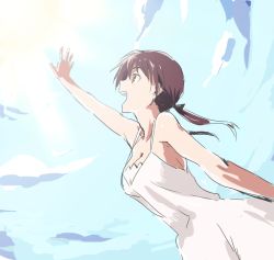 Rule 34 | 1girl, arm up, bare shoulders, black ribbon, blue sky, breasts, brown eyes, brown hair, cleavage, cloud, day, dress, gertrud barkhorn, hair ribbon, homare (homaredai), long hair, looking up, medium breasts, open mouth, profile, ribbon, simple background, sky, solo, strike witches, twintails, white dress, world witches series