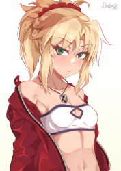 Rule 34 | 1girl, artist name, bandeau, bare shoulders, beige background, blonde hair, braid, breasts, cleavage, cleavage cutout, clothing cutout, collarbone, commentary, darahan, eyelashes, fate/apocrypha, fate/grand order, fate (series), frown, gradient background, green eyes, hair ornament, hair scrunchie, jacket, jewelry, long hair, long sleeves, looking at viewer, midriff, mordred (fate), mordred (fate/apocrypha), mordred (memories at trifas) (fate), navel, necklace, off shoulder, open clothes, open jacket, ponytail, red jacket, red scrunchie, scrunchie, sidelocks, small breasts, solo, stomach, strapless, tube top, upper body, white background