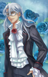 Rule 34 | 10s, 1boy, artist name, bad id, bad pixiv id, bishoujo senshi sailor moon, bishoujo senshi sailor moon crystal, blue background, blue eyes, blue flower, blue rose, bow, bowtie, earrings, feroz, floral background, flower, formal, frilled sleeves, frills, jewelry, kunzite (sailor moon), long sleeves, male focus, mask, red flower, red rose, rose, silver hair, smile, solo, stud earrings, suit, tuxedo, white bow