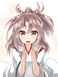 Rule 34 | 1girl, :d, brown eyes, commentary request, hachimaki, headband, highres, japanese clothes, kantai collection, koda (kodadada), long hair, looking at viewer, open mouth, silver hair, simple background, smile, solo, sparkle, zuihou (kancolle)