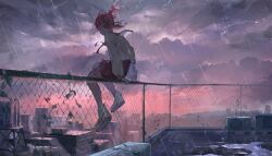 Rule 34 | 1girl, absurdres, arms behind back, barbed wire, city, from behind, highres, in 79, original, rain, red hair, rooftop, sitting, solo