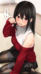 Rule 34 | 1girl, bad id, bad pixiv id, black hair, black pantyhose, black skirt, breasts, from above, heart, highres, indoors, large breasts, long hair, miniskirt, off shoulder, original, pantyhose, ramchi, red eyes, red sweater, shirt, sitting, skirt, sleeveless, sleeveless shirt, solo, speech bubble, spoken heart, sweater, translation request, turtleneck, wariza, white shirt, yandere-chan (ramchi)