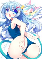 Rule 34 | 1girl, ass, blue eyes, blue hair, blush, from behind, hair bobbles, hair ornament, hairclip, hisagi (puchimaple), hose, long hair, matching hair/eyes, one-piece swimsuit, one side up, open mouth, partially visible vulva, school swimsuit, solo, swimsuit, thighhighs, water, wet
