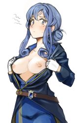 Rule 34 | 1girl, blue eyes, blue hair, blush, breasts, breasts out, closed mouth, commentary request, flashing, gloves, gotland (kancolle), hair between eyes, hair bun, kantai collection, long hair, long sleeves, looking at viewer, medium breasts, military, military uniform, mole, mole under eye, nipples, open clothes, sailor collar, sakura (medilore), simple background, single hair bun, skirt, solo, sweat, sweatdrop, tears, uniform, white background, white gloves
